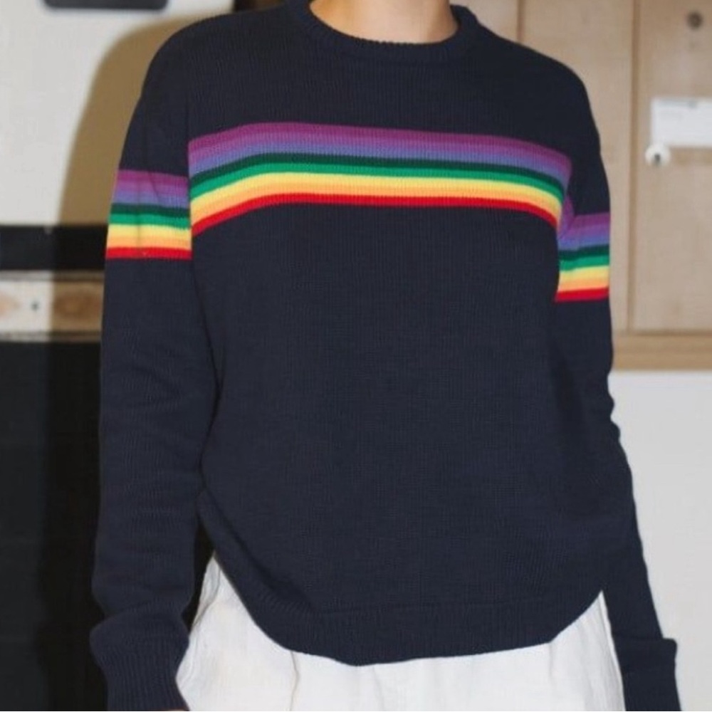 Brandy Melville Blue Cardigan with Vibrant Stripes rainbow navy crew pride xs s